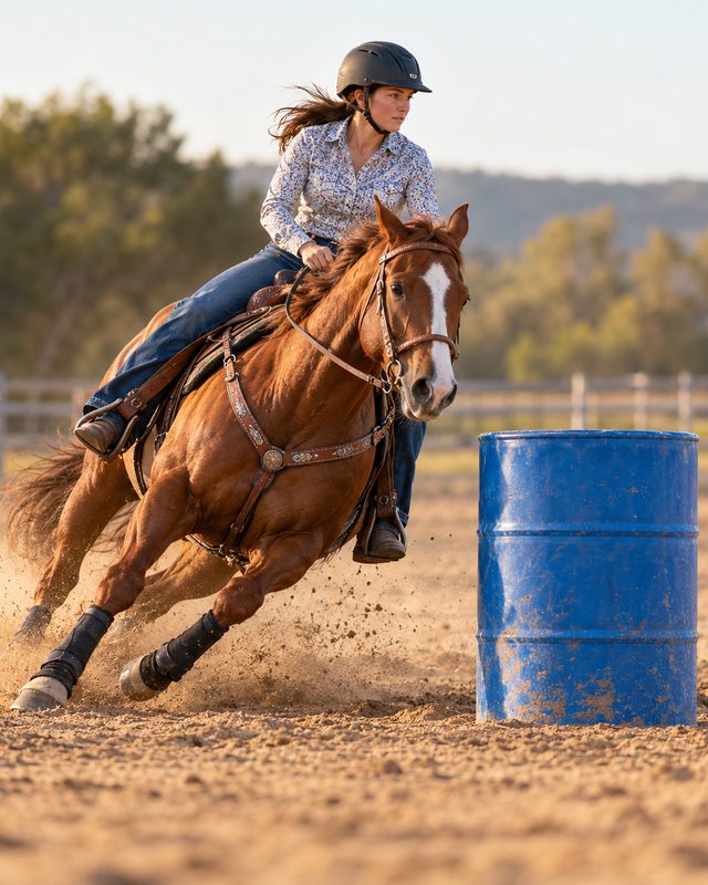 Rider turning a chestnut horse around a barrel during a barrel race