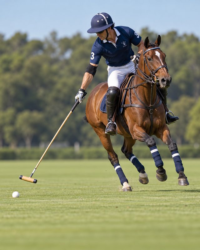 Polo player swinging a mallet at the ball on a bay polo pony