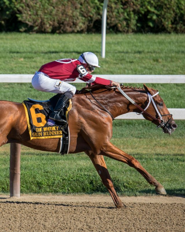 Chestnut race horse and jockey at full gallop on a dirt racetrack